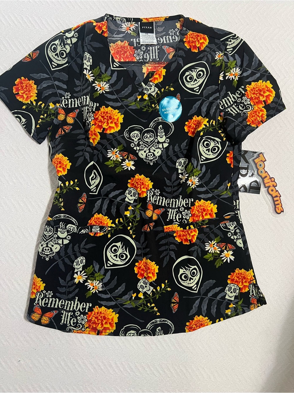 Pixar Coco 'Remember Me' Black Floral Scrub Top XS Disney